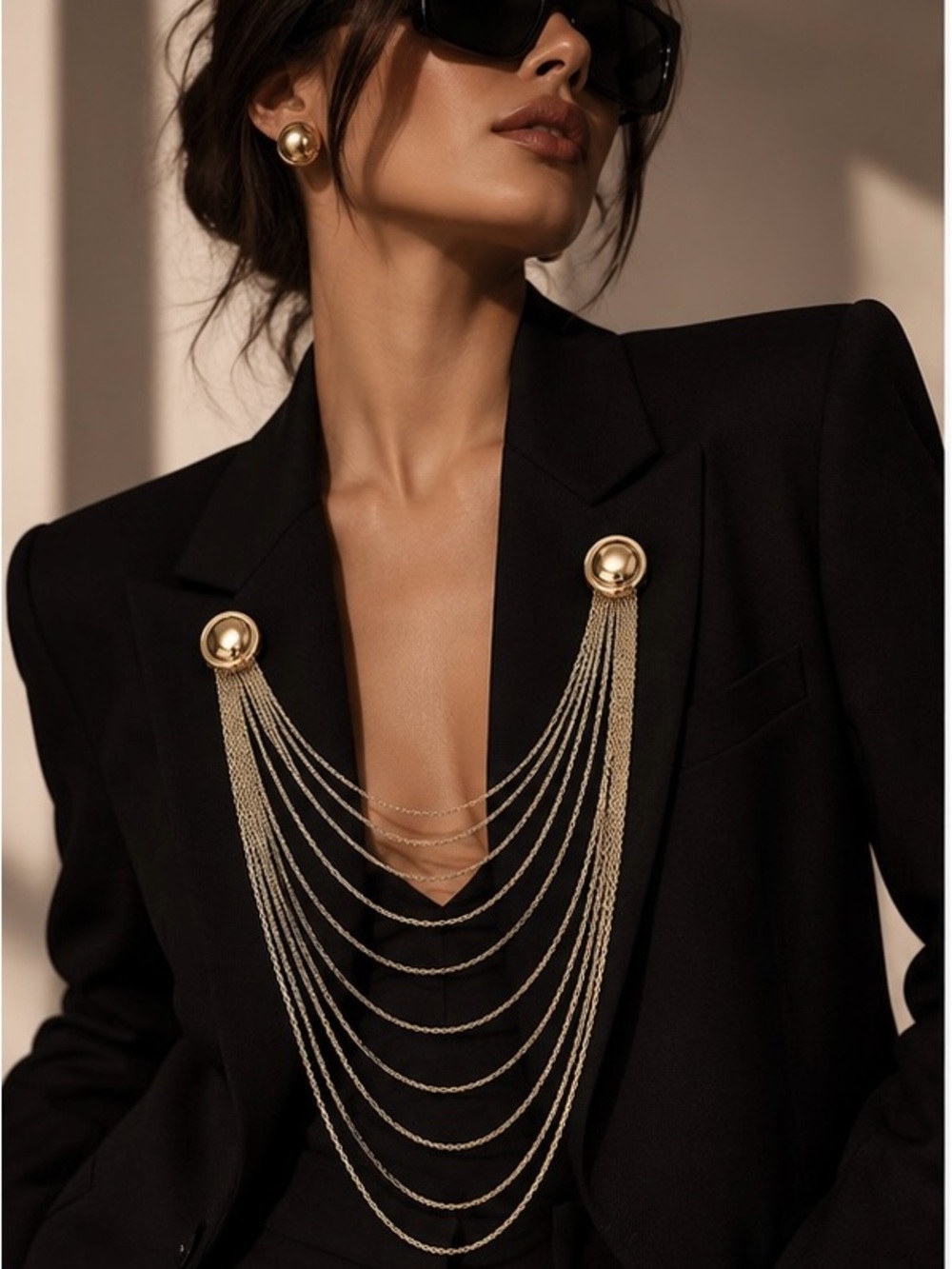 Luxury Gold Layered Chain Blazer Brooch Elegant Couture Shoulder Jewelry